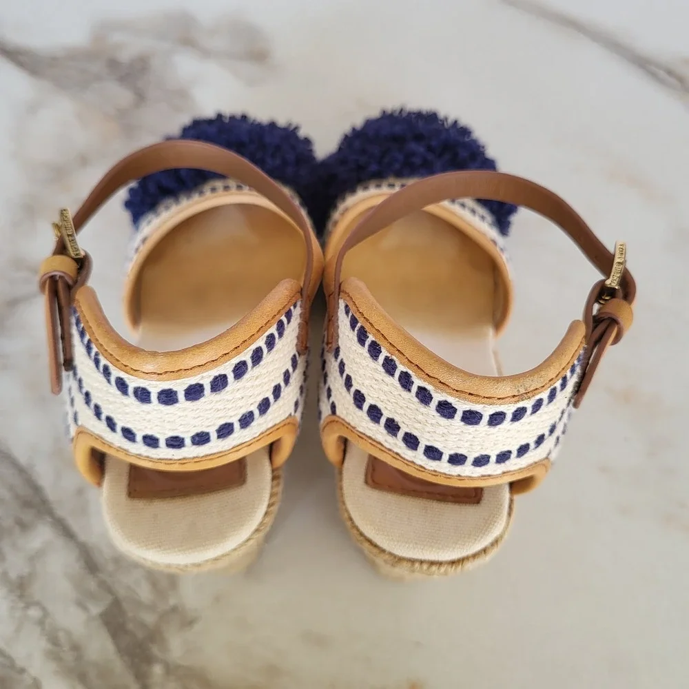Tory Burch Shaw PomPom Wedge Espadrille Ankle Strap Sandals Size 6.5 Blue Stipe